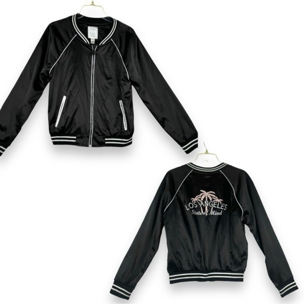 Full Tilt Bomber Jacket‎ Womens Size XL Palm Tree Embroidered Black Satin Y2K